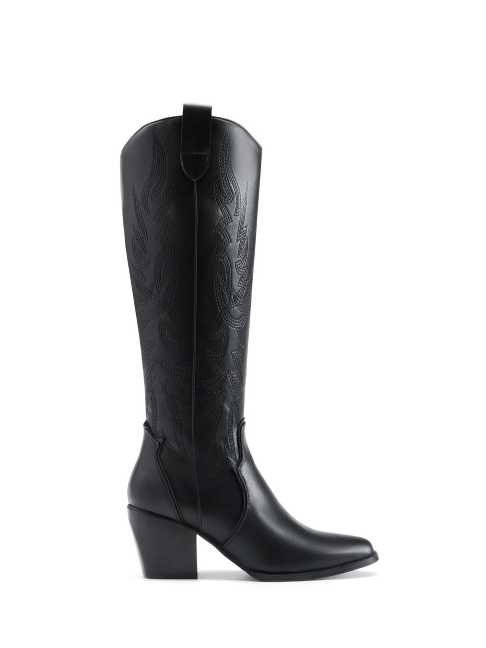 Tall Black Western-Inspired Knee Boot with Block Heel